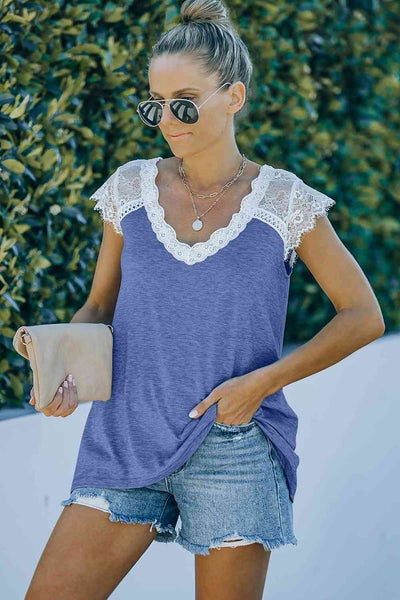 Scalloped Spliced Lace V-Neck Top-Tops-Grace & Blossom Boutique, a women's online fashion boutique located in Odessa, Florida