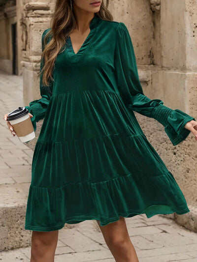 Notched Long Sleeve Tiered Dress-Dresses-Grace & Blossom Boutique, a women's online fashion boutique located in Odessa, Florida