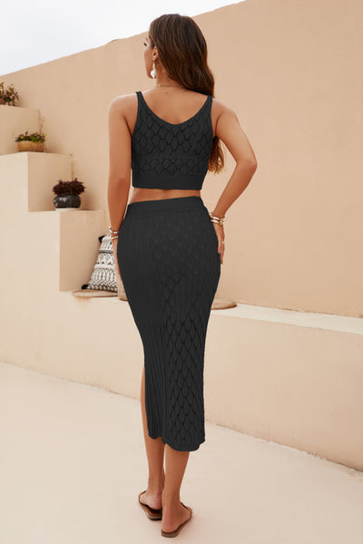 Openwork Cropped Tank and Split Skirt Set-Dresses-Grace & Blossom Boutique, a women's online fashion boutique located in Odessa, Florida