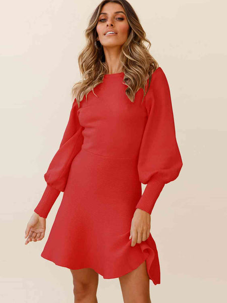 Round Neck Lantern Sleeve Sweater Dress-Dresses-Grace & Blossom Boutique, a women's online fashion boutique located in Odessa, Florida