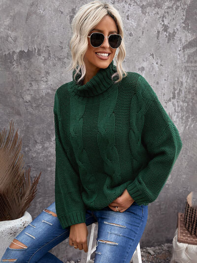Cable-Knit Turtleneck Dropped Shoulder Sweater-Tops-Grace & Blossom Boutique, a women's online fashion boutique located in Odessa, Florida