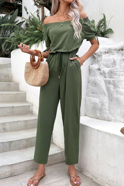 Off-Shoulder Tie Cuff Jumpsuit with Pockets-Dresses-Grace & Blossom Boutique, a women's online fashion boutique located in Odessa, Florida